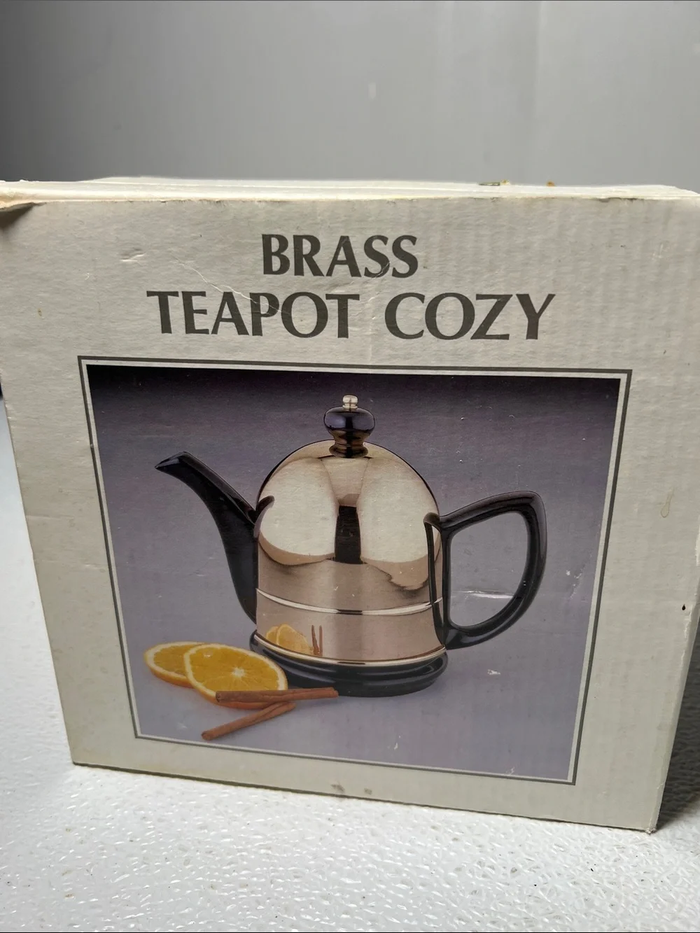 Vintage Black Teapot with Brass Cozy in Original Box